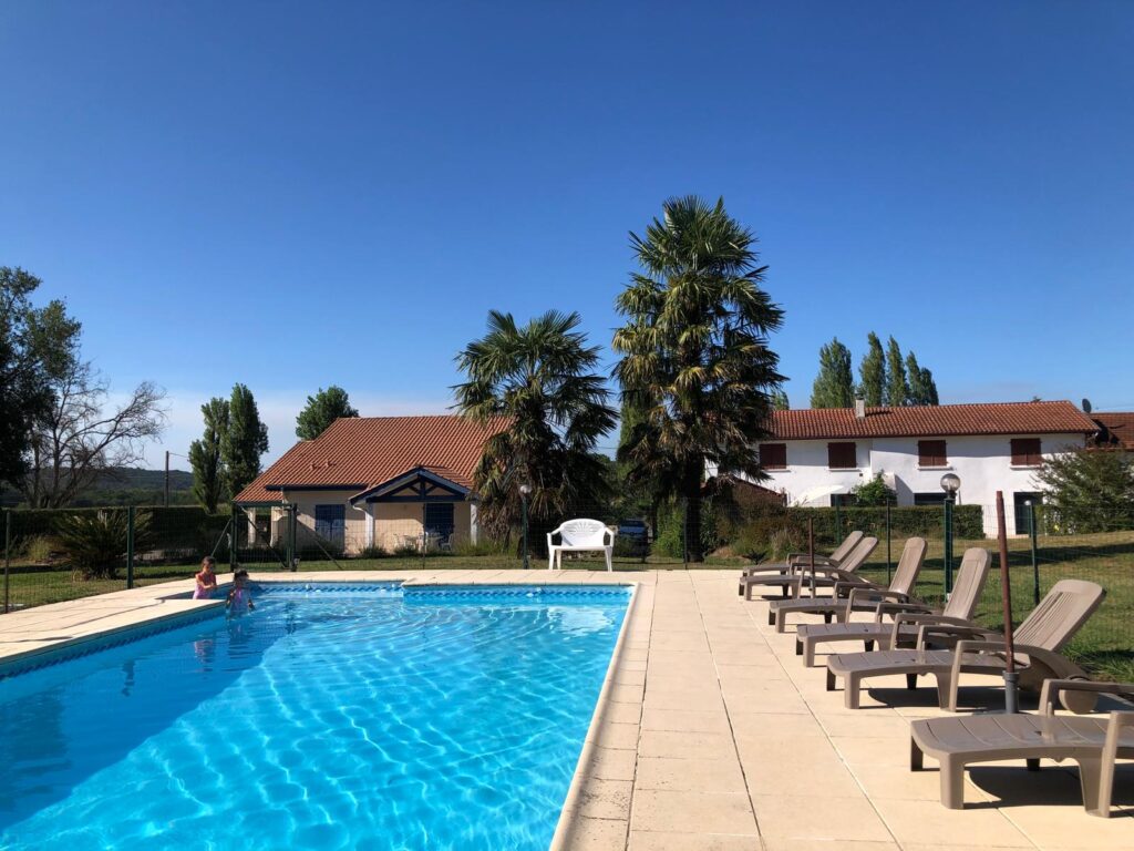 Grande piscine partagée avec transats et palmiers - Gîtes d'Andriou à Peyrehorade
