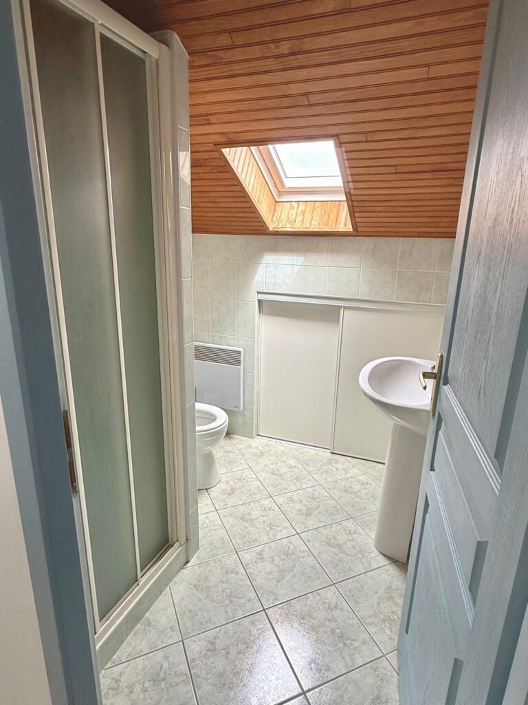 Salle de douche lumineuse avec velux et WC - gîte Le Sau dans les Landes 40